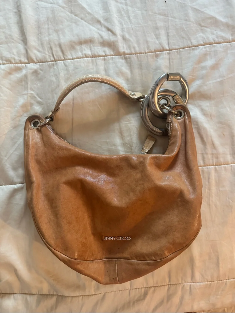 Jimmy Choo Tan Leather Shoulder Hobo with Silver Accent